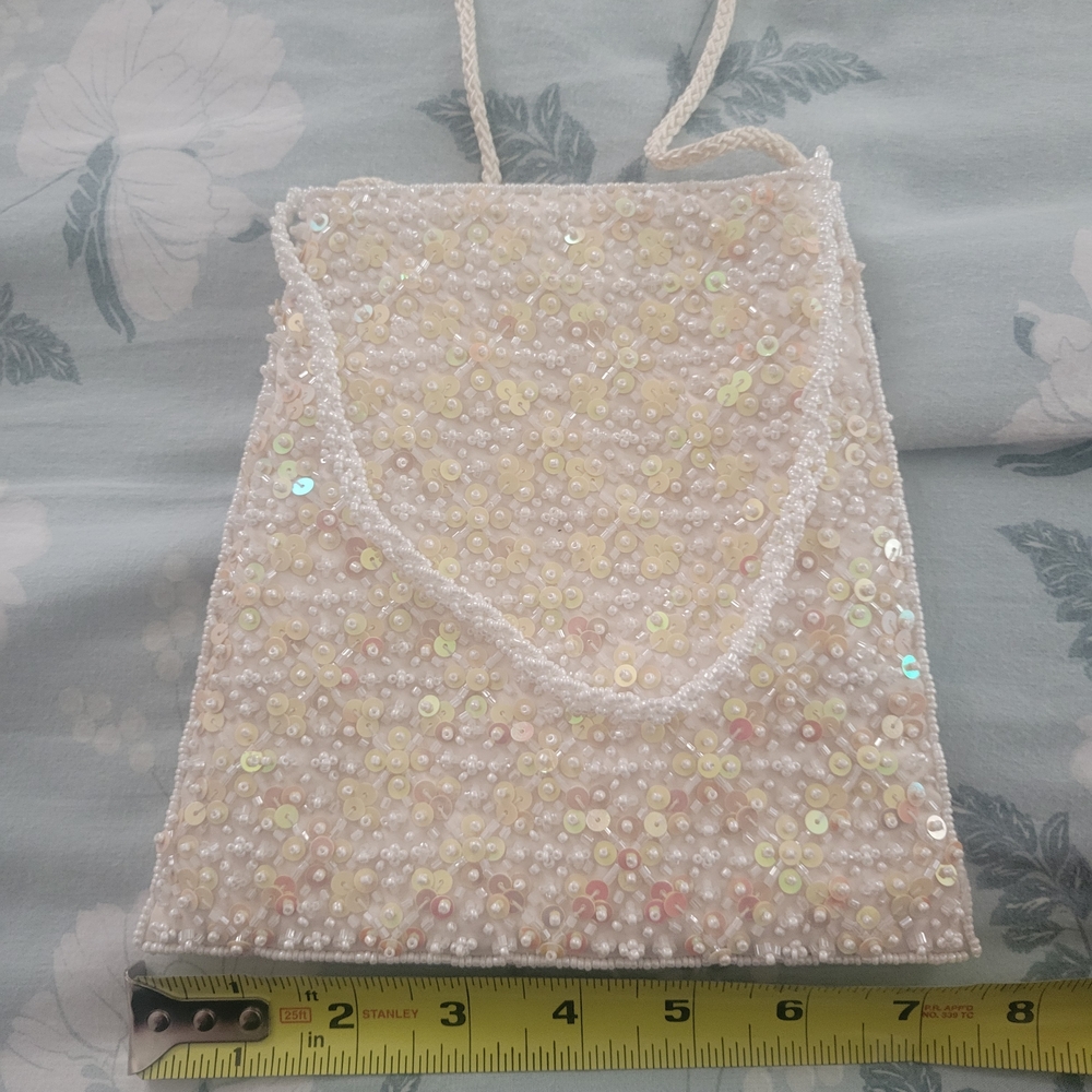 Valerie Stevens Pearly Beaded Drawstring Evening Bag in Ivory